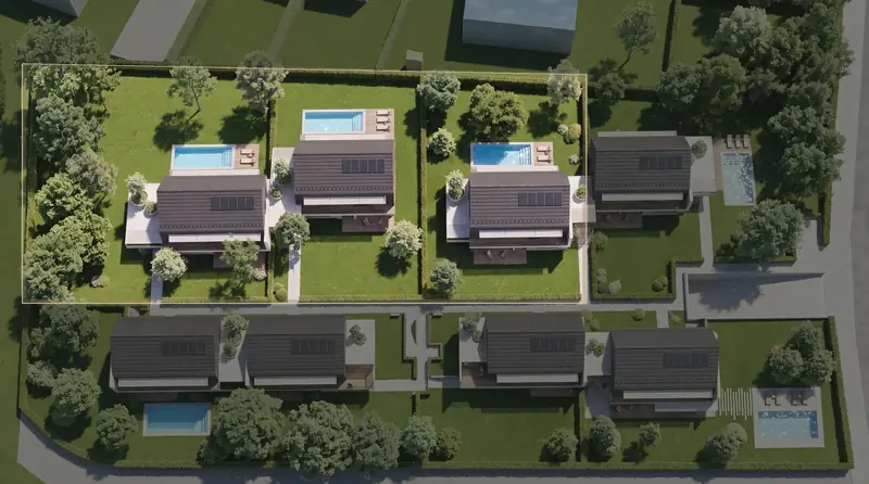 Vue aérienne du Domaine de Bellevue : les Villas 1, 2 et 3 encore disponibles sont mises en évidence